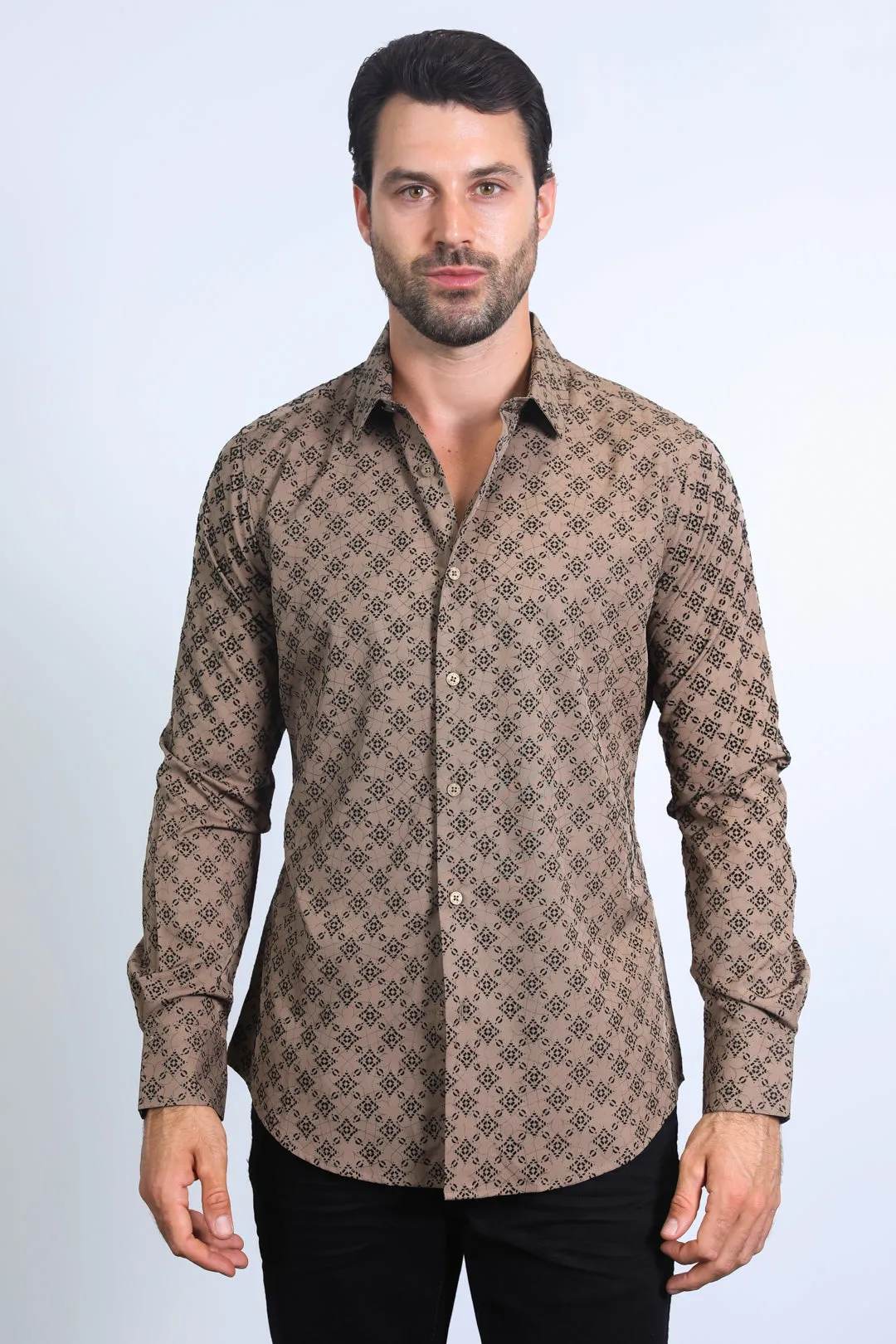 Men's Flocked Style Modern Fit Spandex Brown Shirt