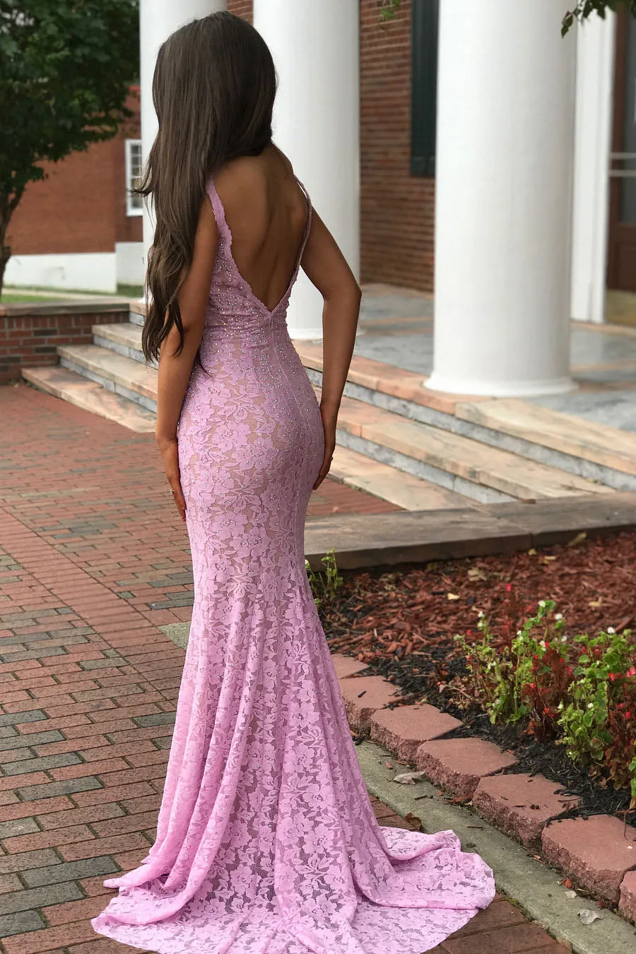 Mermaid Deep V Neck Backless Beading Lace Pink Prom Dresses with Sweep Train, Mermaid Pink Formal Dresses, Pink Lace Evening Dresses