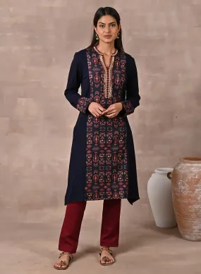 Midnight Blue Solid Kurta with Tribal Embroidery and Curved Hem