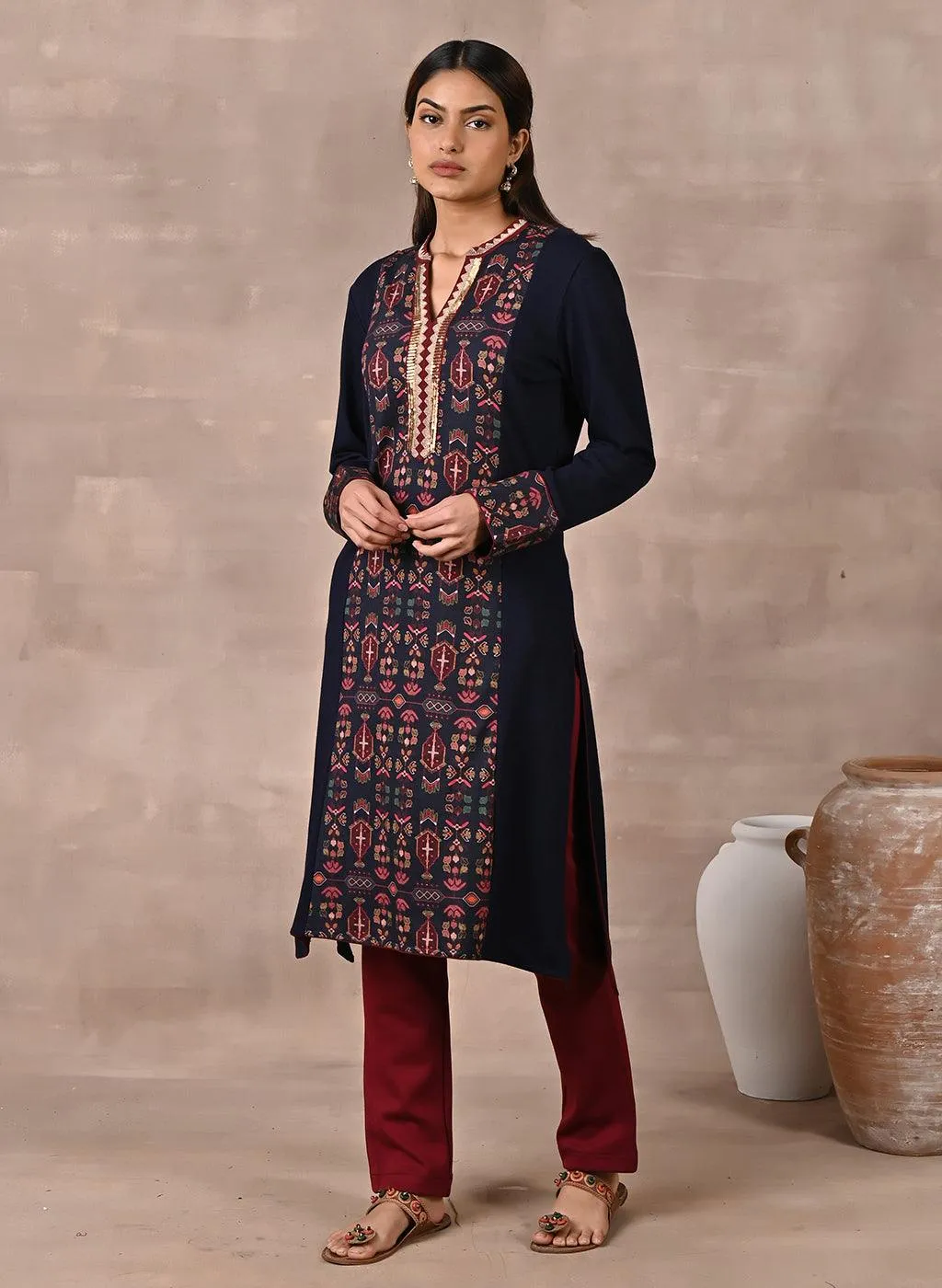 Midnight Blue Solid Kurta with Tribal Embroidery and Curved Hem