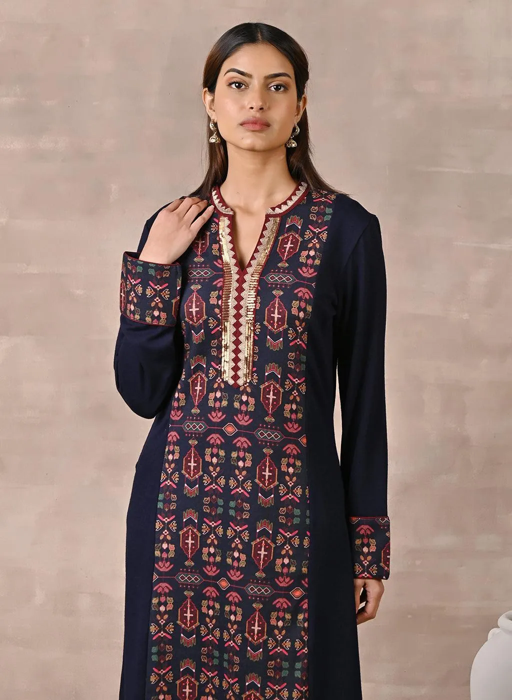 Midnight Blue Solid Kurta with Tribal Embroidery and Curved Hem