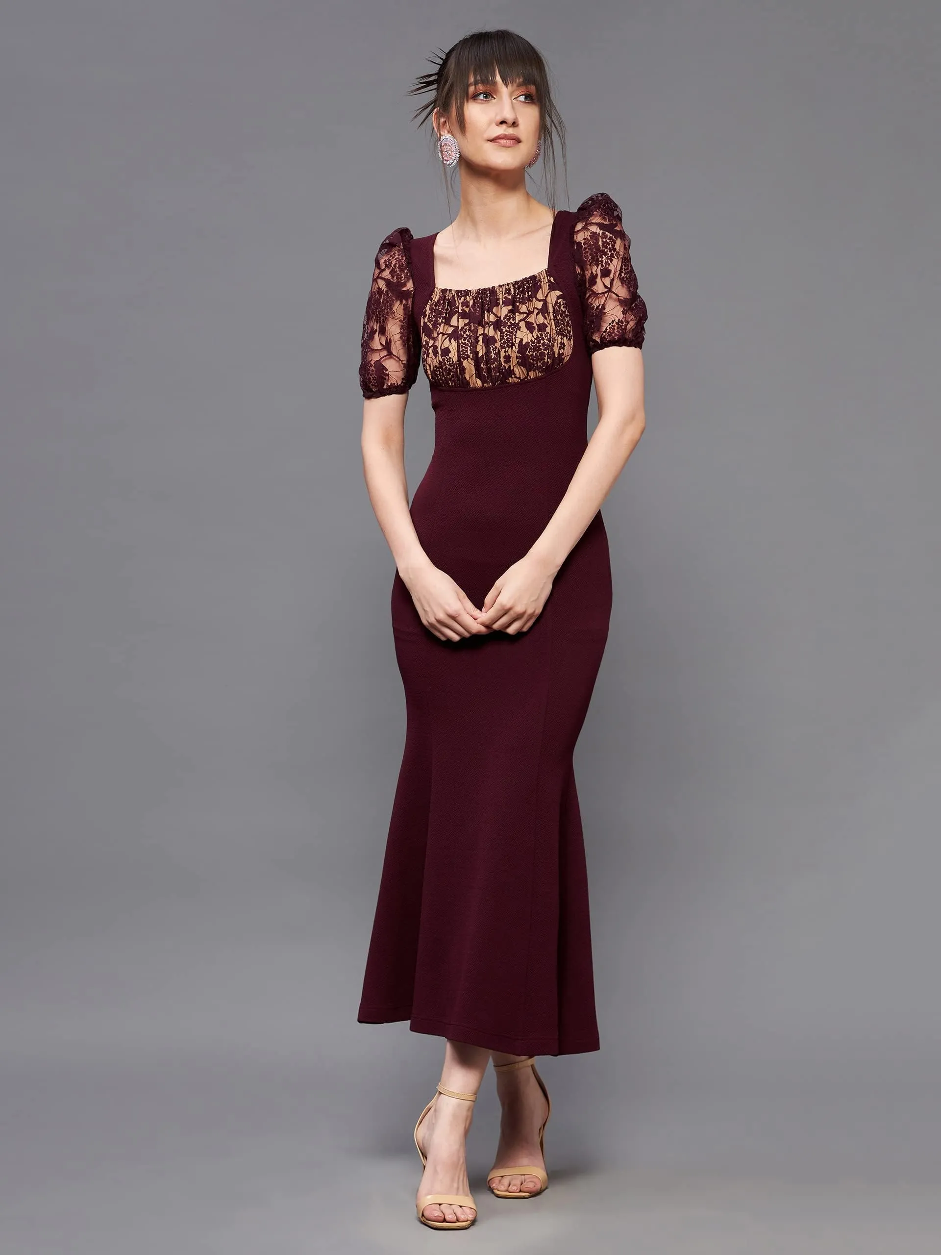 Miss Chase Women's Square Neck Short Puff Sleeve Self Design Lace Overlaid Bodycon Midi Dress (MCSS23D79-01-184-02, Wine, XS)