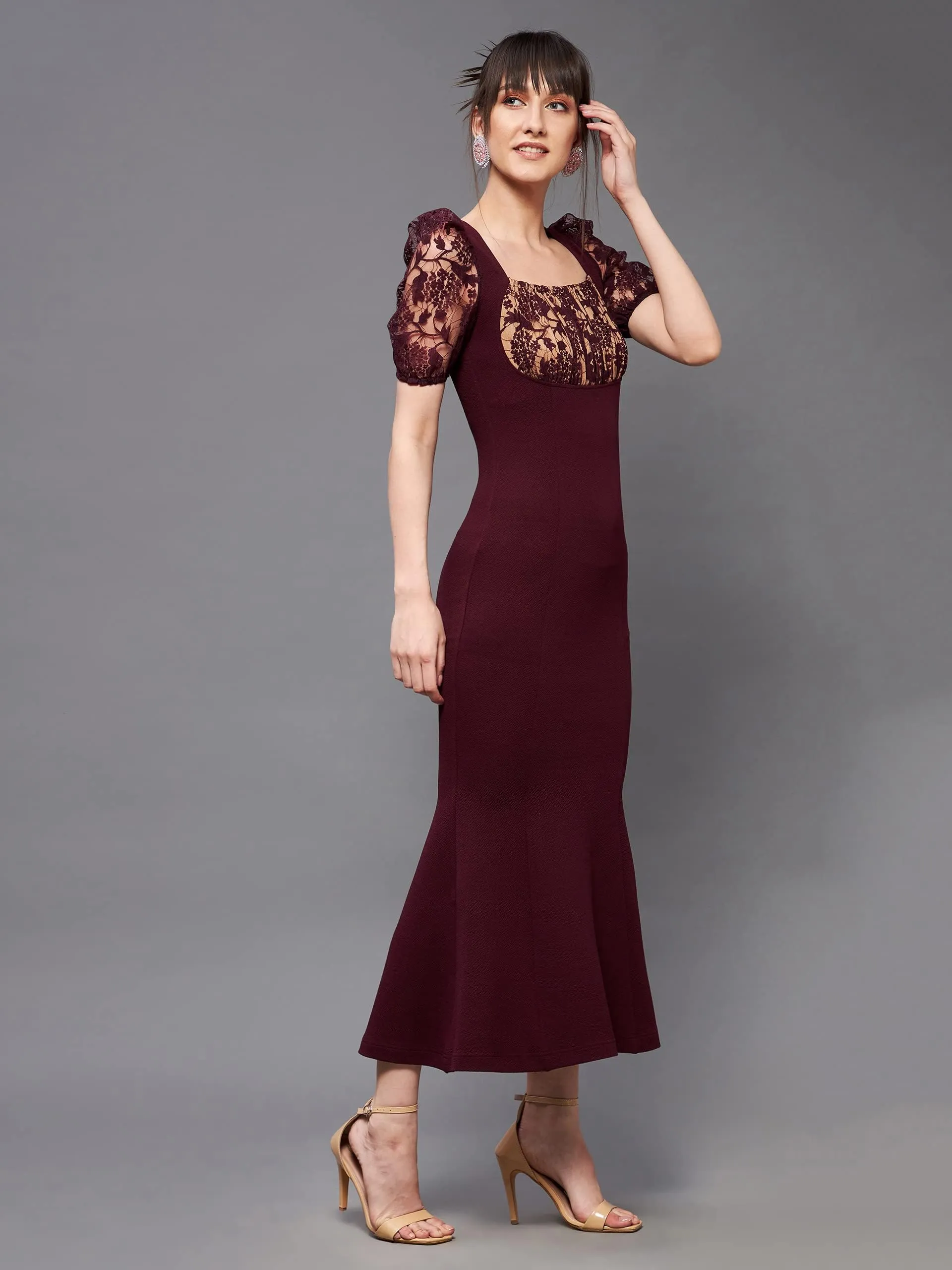 Miss Chase Women's Square Neck Short Puff Sleeve Self Design Lace Overlaid Bodycon Midi Dress (MCSS23D79-01-184-02, Wine, XS)