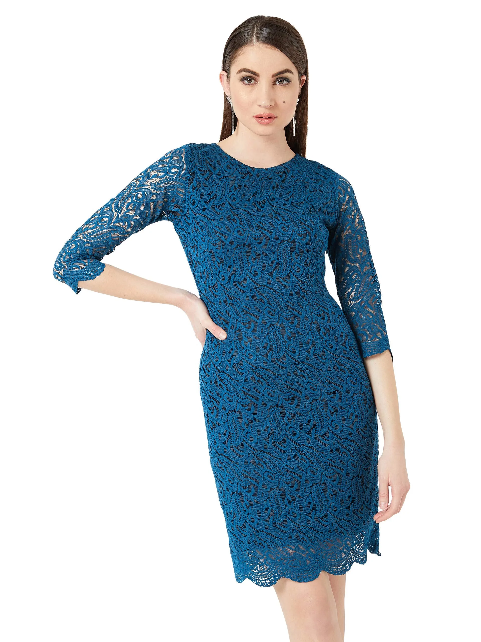 Miss Chase Women's Teal Round Neck 3/4 Sleeves Floral Lace Overlaid Knee-Long Bodycon Dress with Zip Closure(MCAW19D14-32-83-04, Teal, Medium)