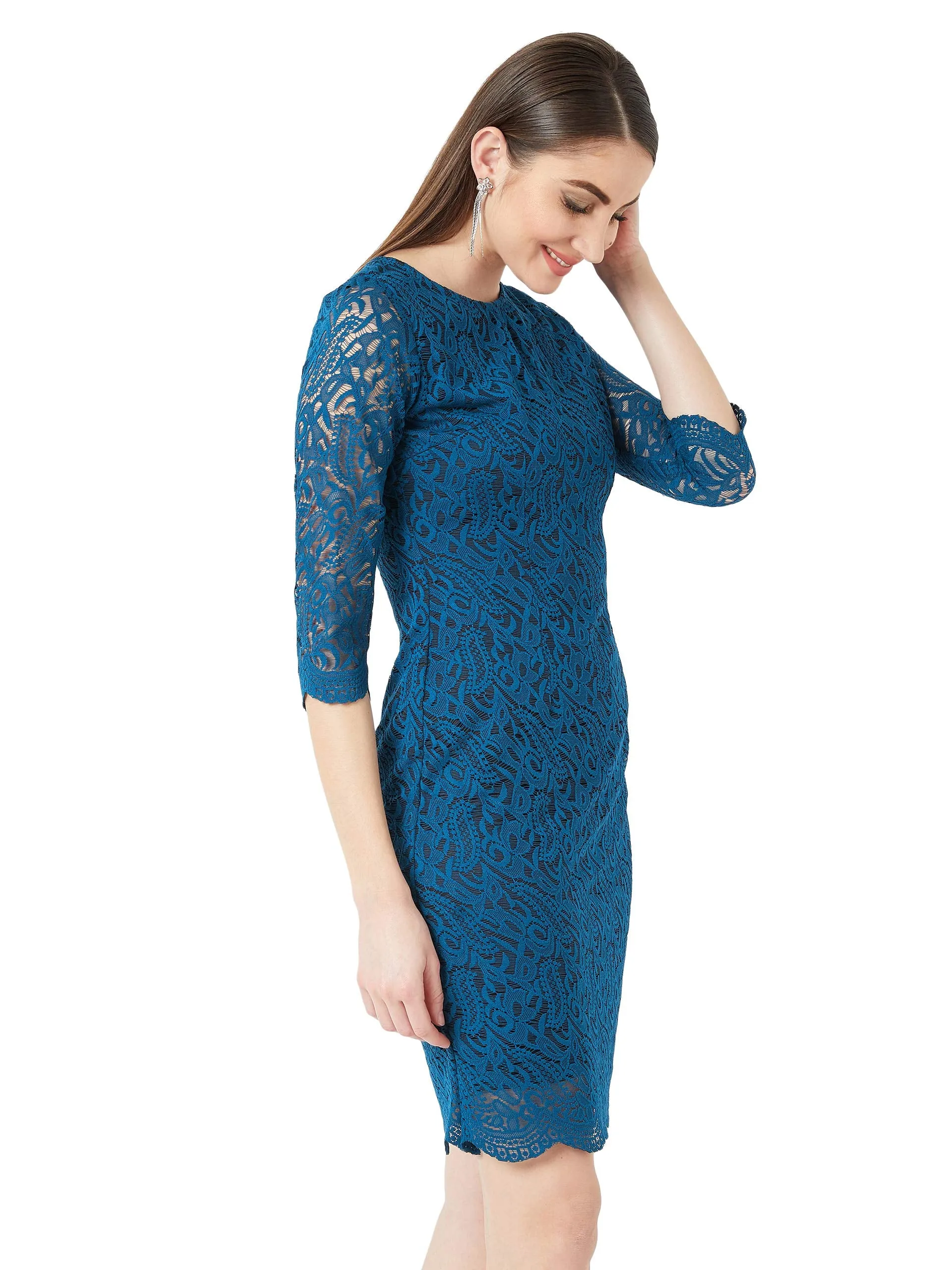 Miss Chase Women's Teal Round Neck 3/4 Sleeves Floral Lace Overlaid Knee-Long Bodycon Dress with Zip Closure(MCAW19D14-32-83-04, Teal, Medium)