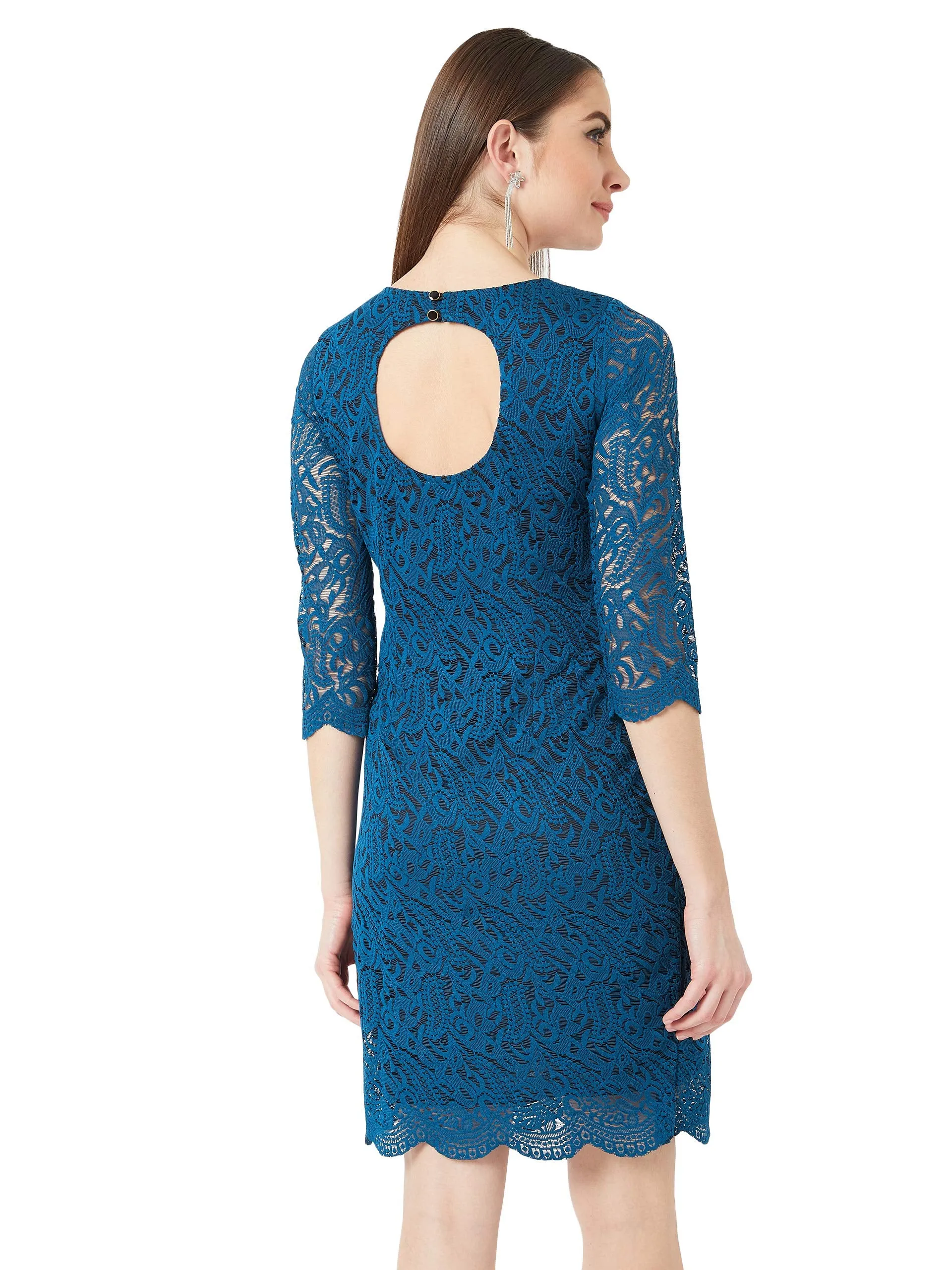 Miss Chase Women's Teal Round Neck 3/4 Sleeves Floral Lace Overlaid Knee-Long Bodycon Dress with Zip Closure(MCAW19D14-32-83-04, Teal, Medium)