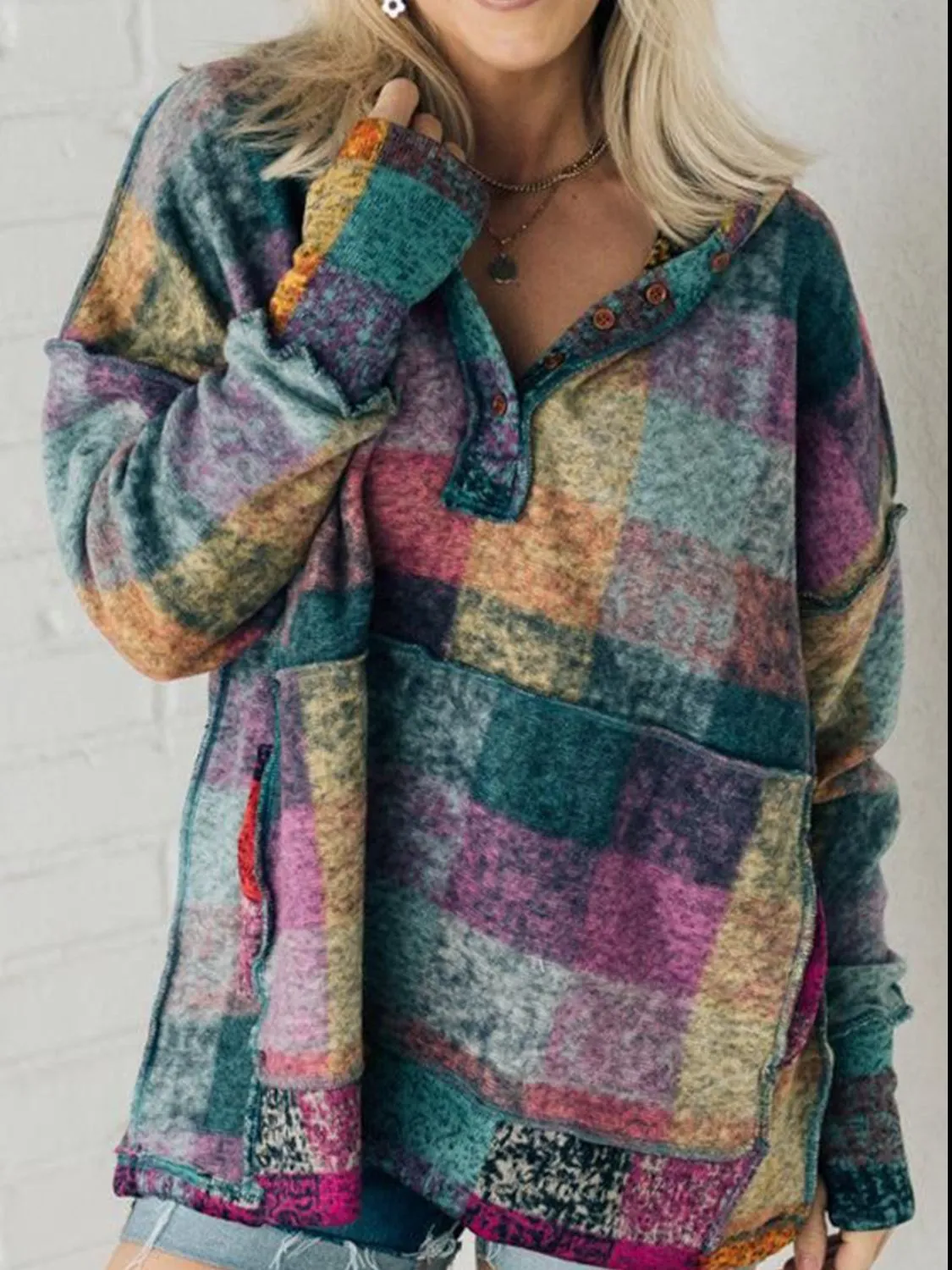 Multicolor Brushed Plaid Buttoned Pullover Oversized Hoodie