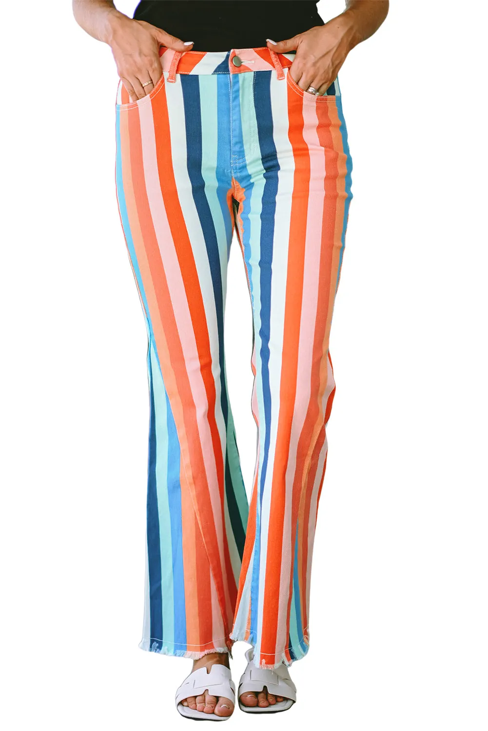 Multicolor Striped Raw Hem Flared Bottom Denim Pants