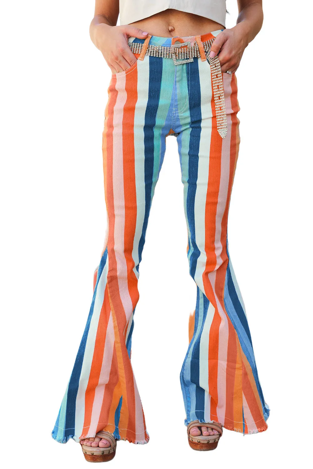 Multicolor Striped Raw Hem Flared Bottom Denim Pants