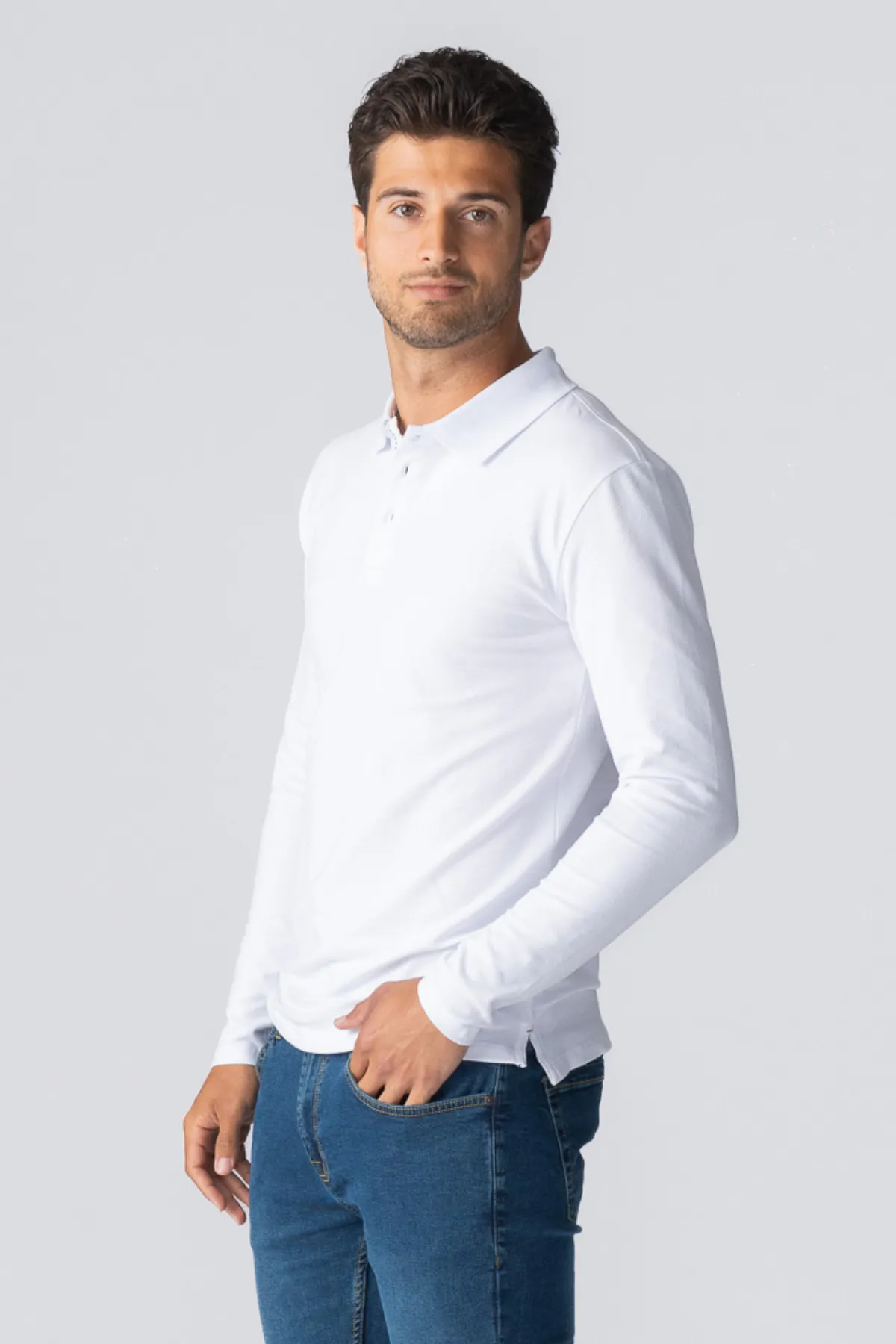 Muscle Long Sleeve Polo Shirt - White