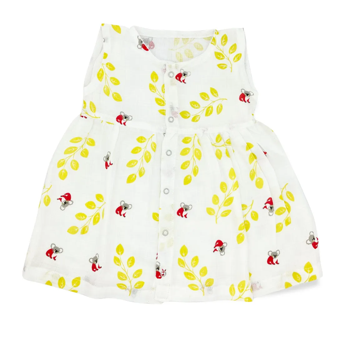 Muslin Frock for Baby Girl - Sleeveless 100% Organic Cotton Koala & Leaves