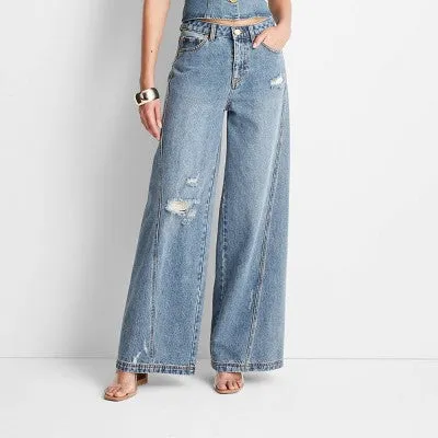 New - Women's High-Rise Distressed Wide Leg Jeans - Future Collective™ with Jenee Naylor Medium Wash 2