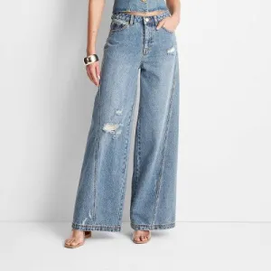 New - Women's High-Rise Distressed Wide Leg Jeans - Future Collective™ with Jenee Naylor Medium Wash 2