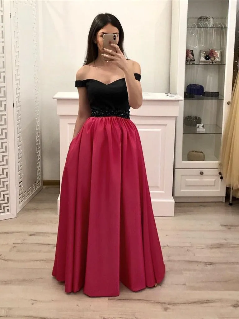 Off Shoulder Hot Pink Satin Black Top Long Prom with Pockets, Off Shoulder Formal Graduation Evening