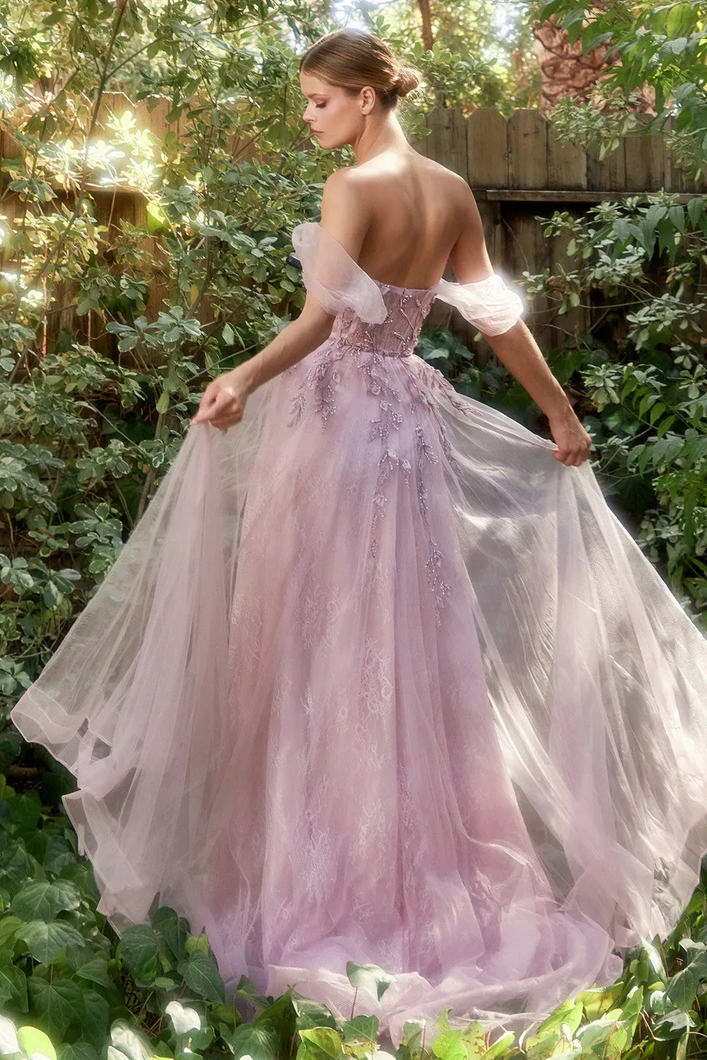 Off the Shoulder Floral Birds of Romance Corset Bodice A-Line Tulle Gown by Andrea & Leo Couture A1149