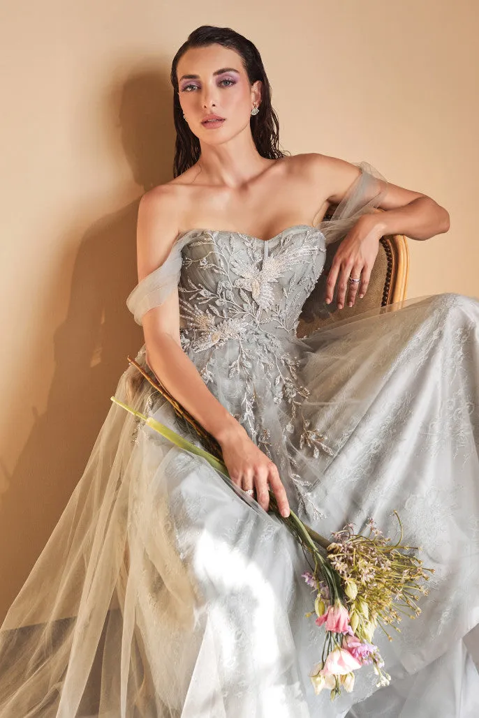 Off the Shoulder Floral Birds of Romance Corset Bodice A-Line Tulle Gown by Andrea & Leo Couture A1149