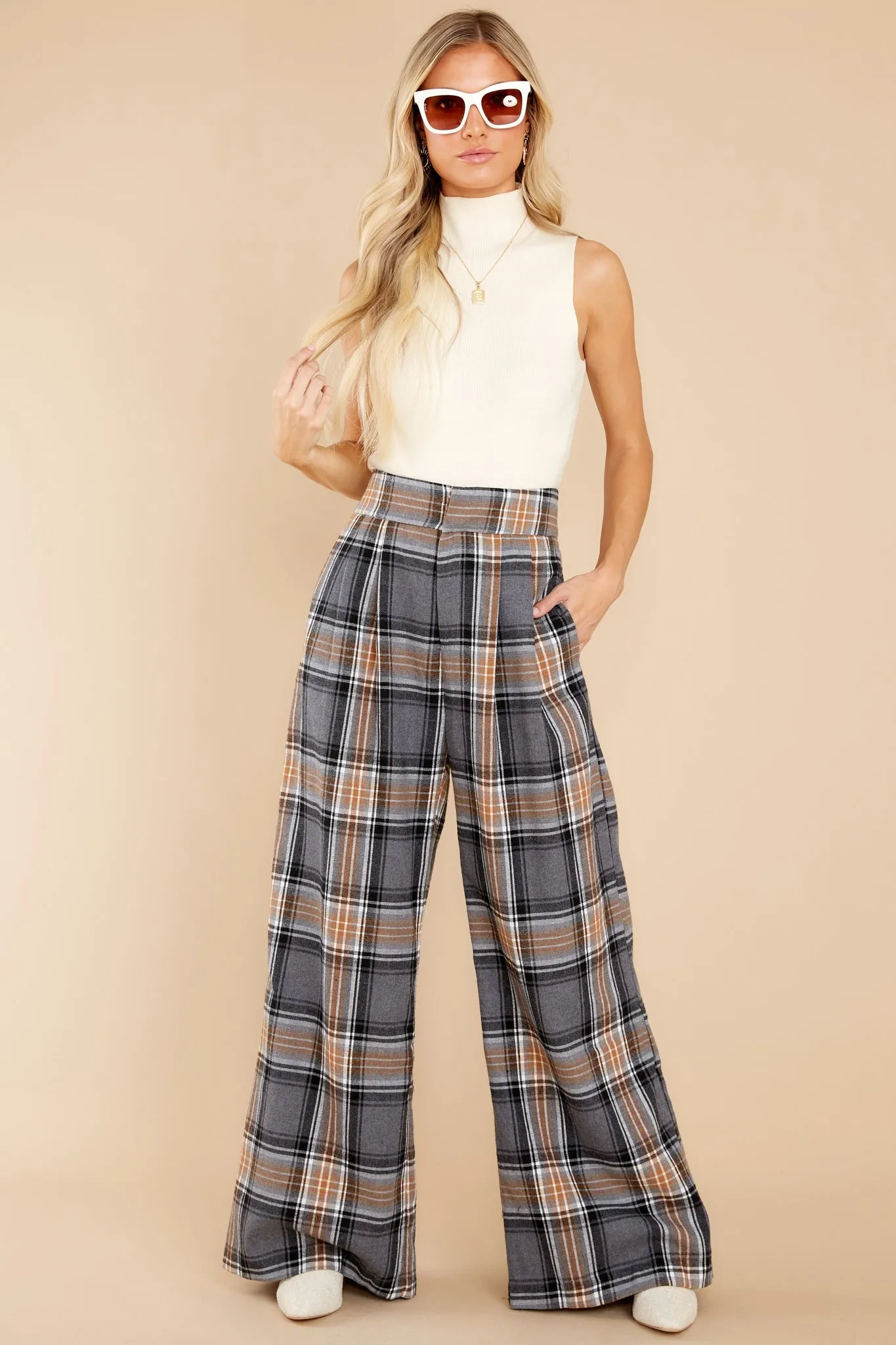 Official Glam Grey And Caramel Plaid Pants