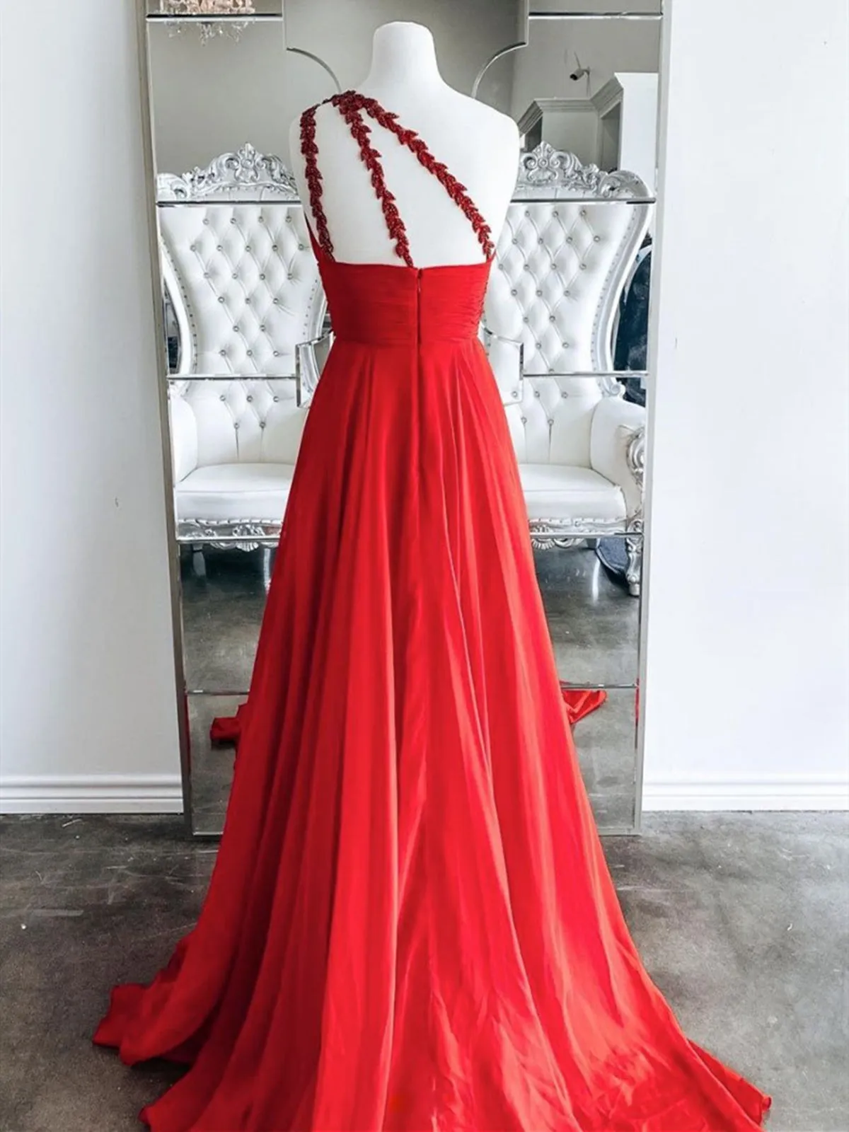 One Shoulder Backless Red Chiffon Long Prom, One Shoulder Red Formal Evening