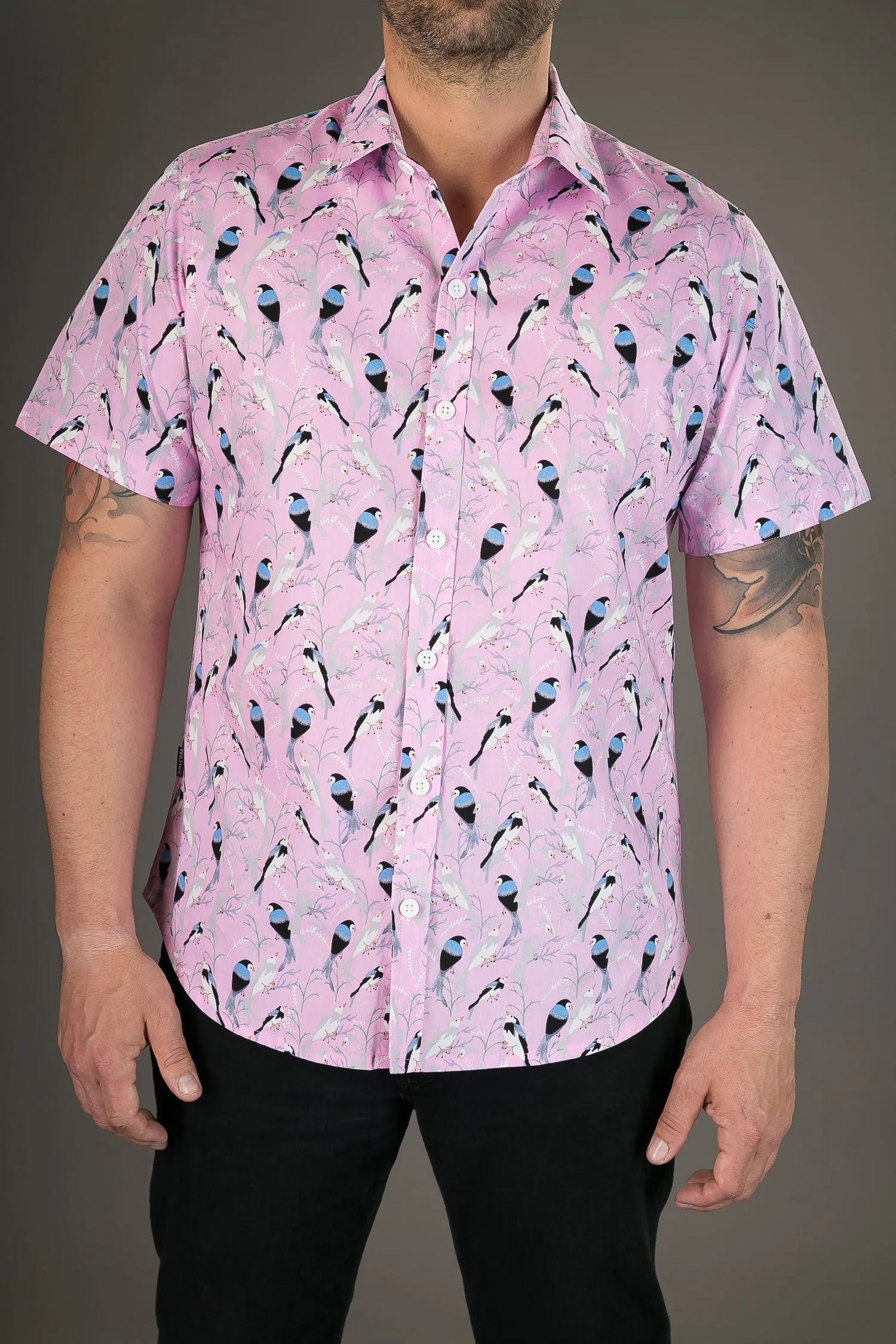 Pink Birds Print Cotton Slim Fit Mens Shirt Short Sleeve