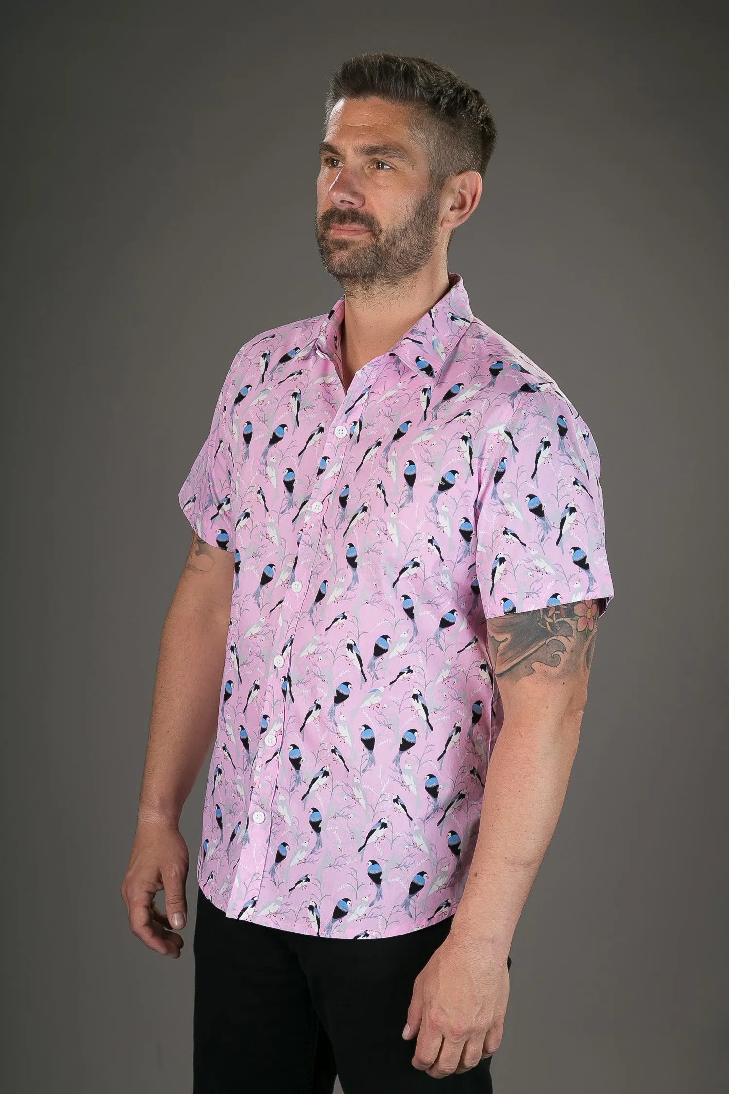 Pink Birds Print Cotton Slim Fit Mens Shirt Short Sleeve