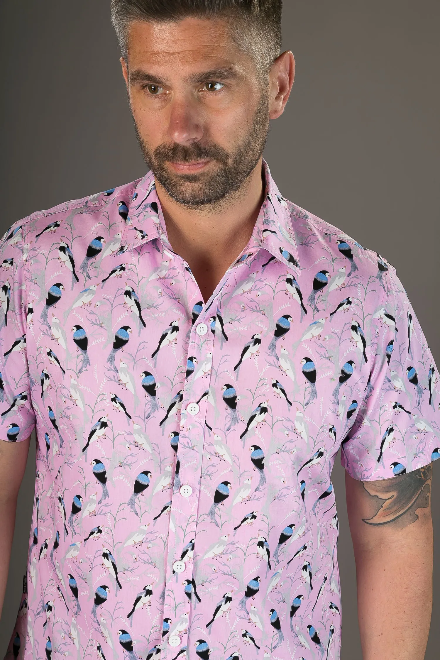 Pink Birds Print Cotton Slim Fit Mens Shirt Short Sleeve