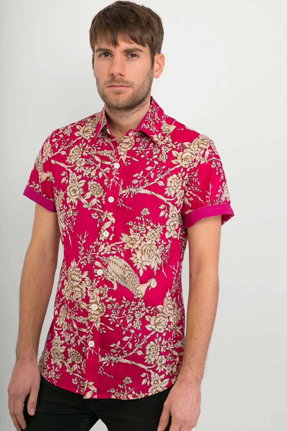 Pink Peacock Flowers Print Cotton Slim Fit Mens Shirt Short Sleeve