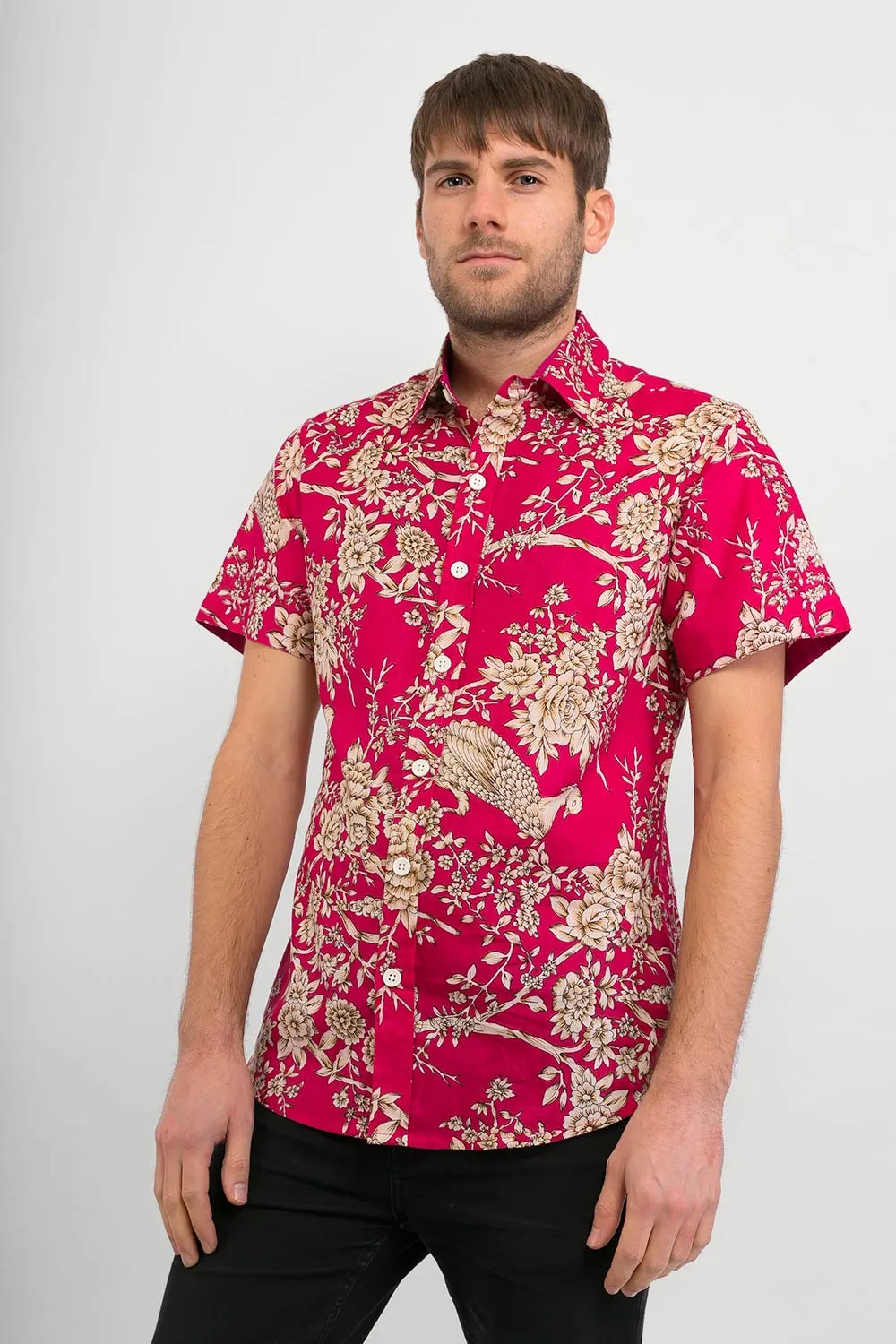 Pink Peacock Flowers Print Cotton Slim Fit Mens Shirt Short Sleeve