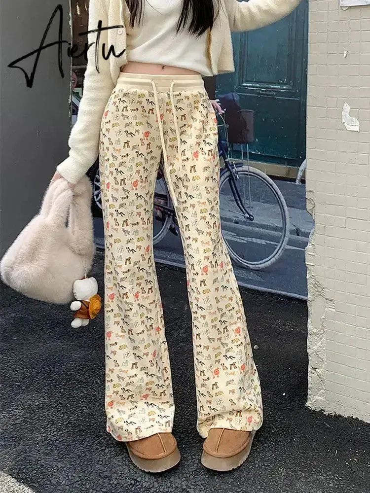 Puppy Print Casual Sweat Y2k Pants Female Autumn Winter Plus Fleece High Waisted Slim Rope Flared Straight Leg Pants