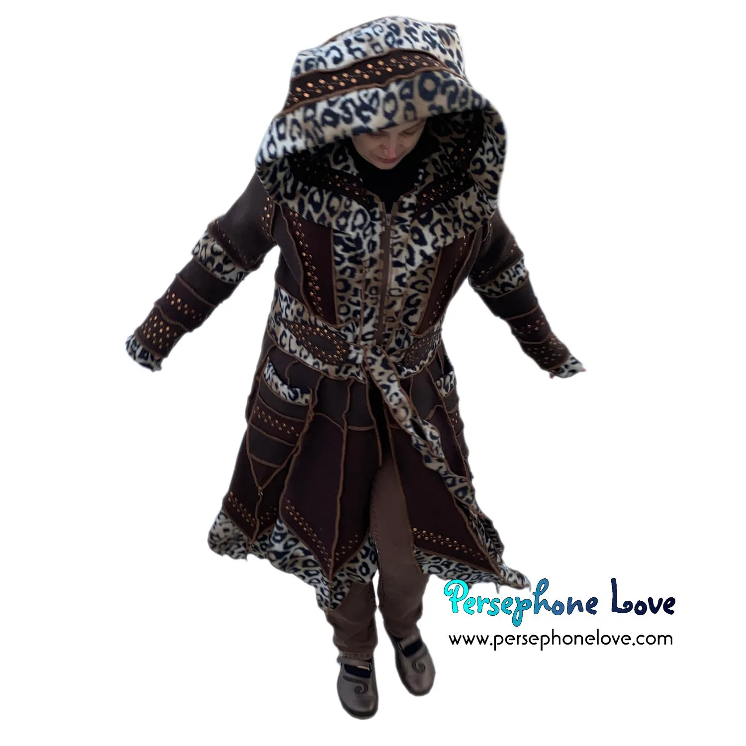 "Amazonia" GODDESS SIZE Brown pixie felted cashmere/fleece Katwise-inspired sequin sweatercoat-2559