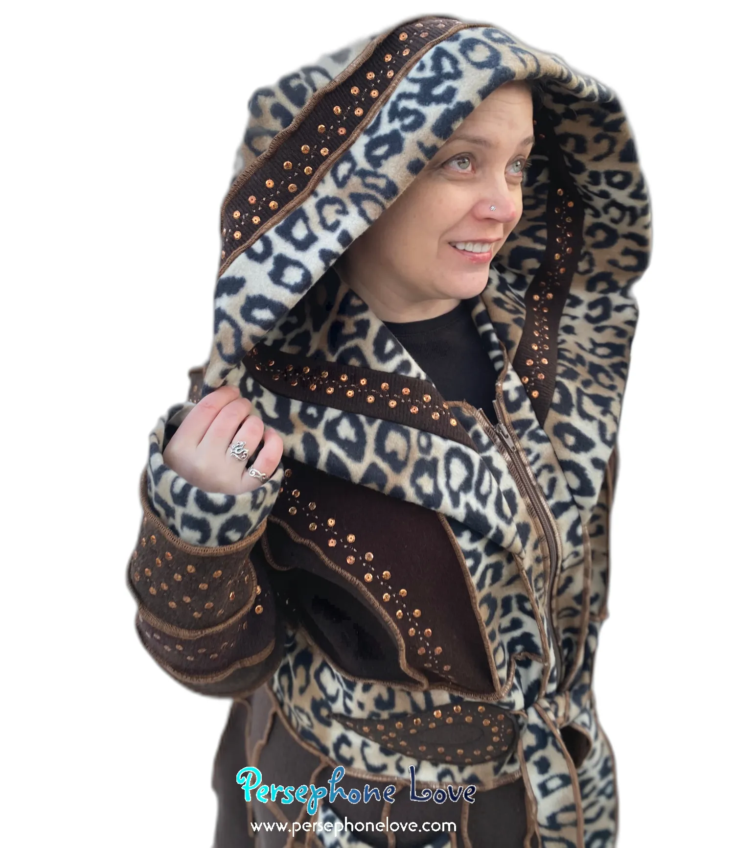 "Amazonia" GODDESS SIZE Brown pixie felted cashmere/fleece Katwise-inspired sequin sweatercoat-2559