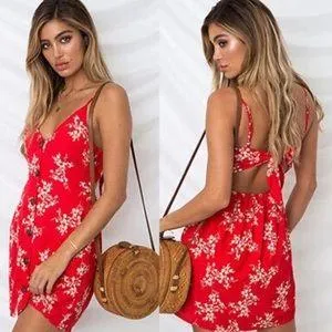 Red Floral Bow Tie Backside Halter Mini Dress