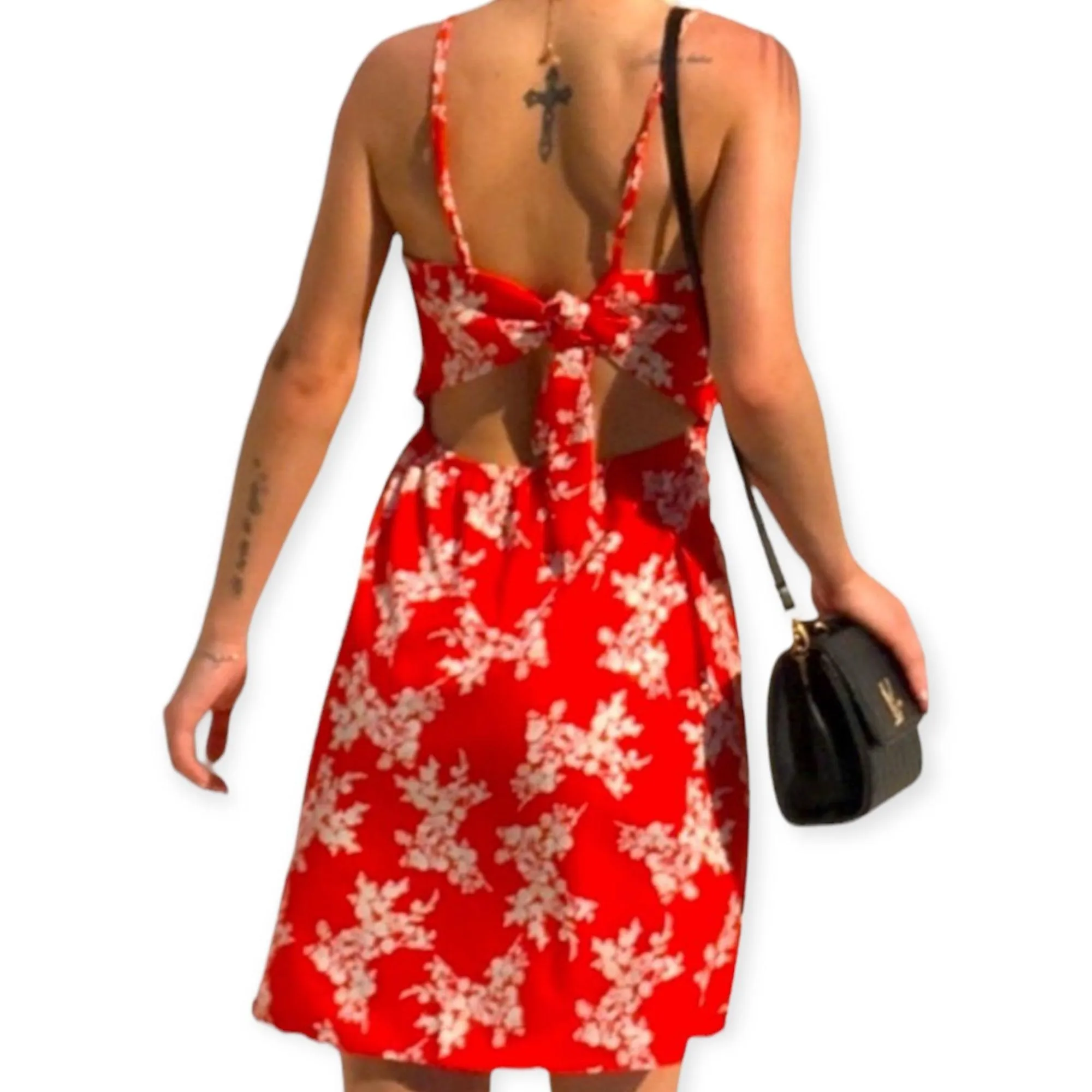 Red Floral Bow Tie Backside Halter Mini Dress