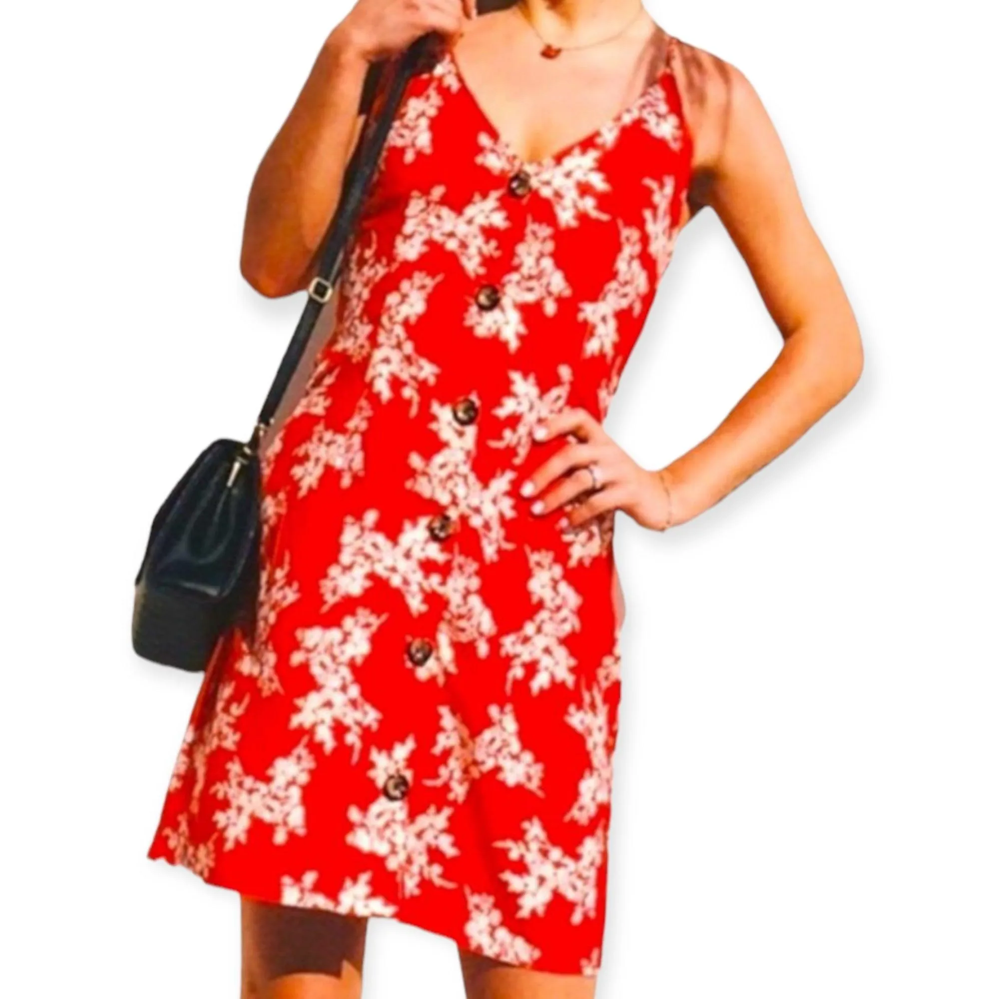 Red Floral Bow Tie Backside Halter Mini Dress