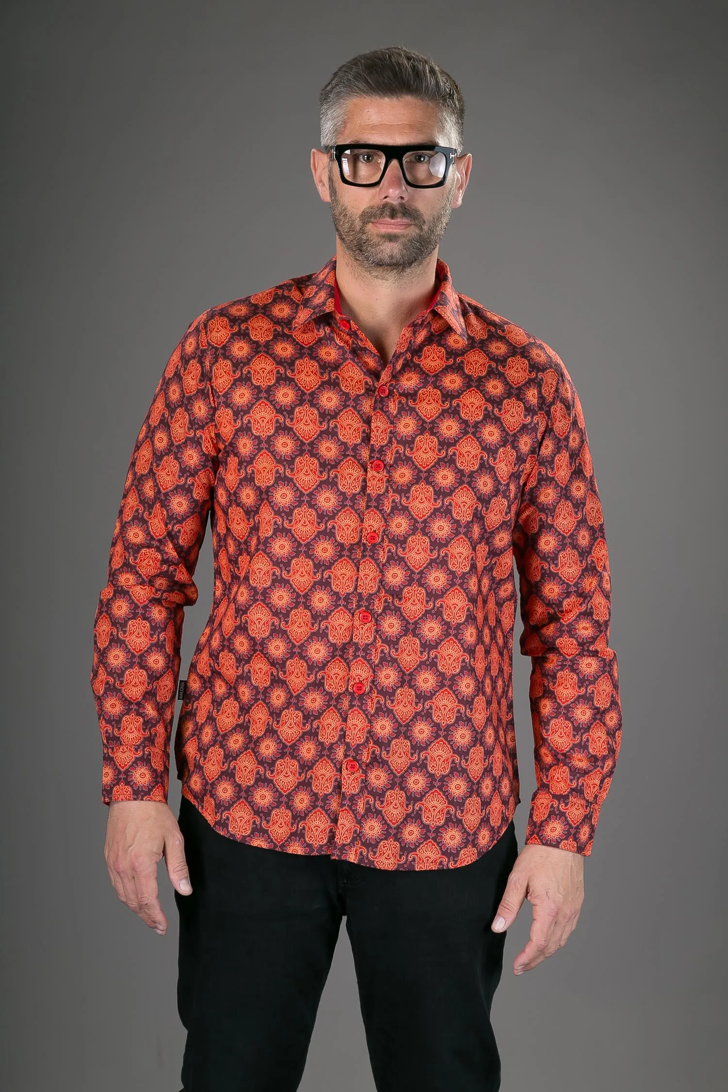 Red Orange Print Cotton Slim-Fit  Long-Sleeve Mens Shirt