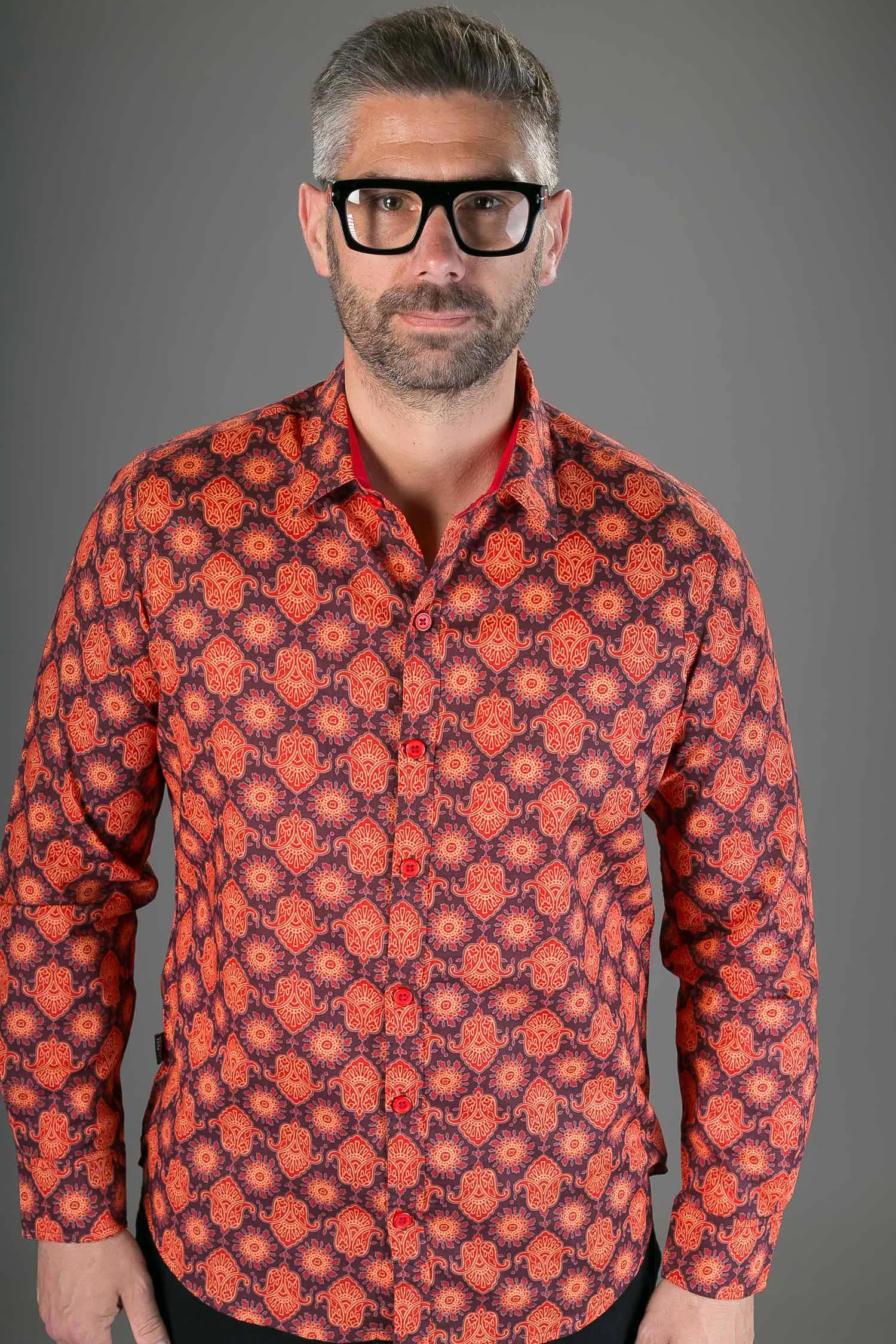 Red Orange Print Cotton Slim-Fit  Long-Sleeve Mens Shirt