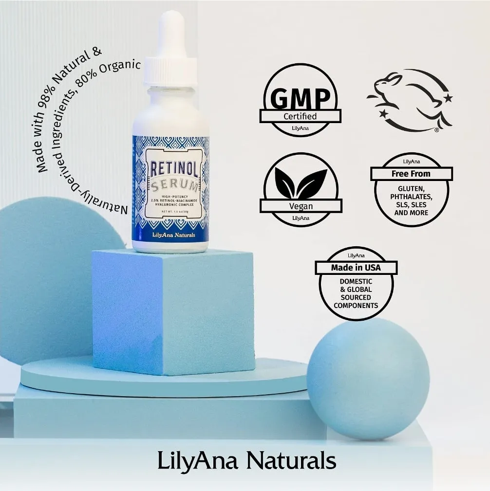 Retinol Serum by LilyAna Naturals - Retinol Serum for Face has pure retinol (2.5%) for effective treatment of dark spots and acne scars - 1oz (1-Pack)