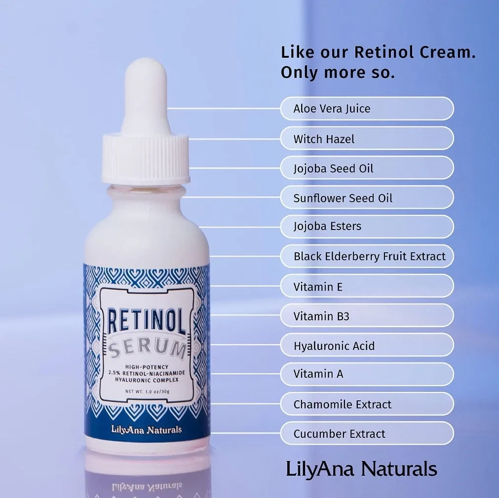 Retinol Serum by LilyAna Naturals - Retinol Serum for Face has pure retinol (2.5%) for effective treatment of dark spots and acne scars - 1oz (1-Pack)