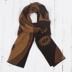 Reversible Sepia and Black Sun Motif Alpaca Blend Scarf - Sepia and Black Cosmovision | NOVICA