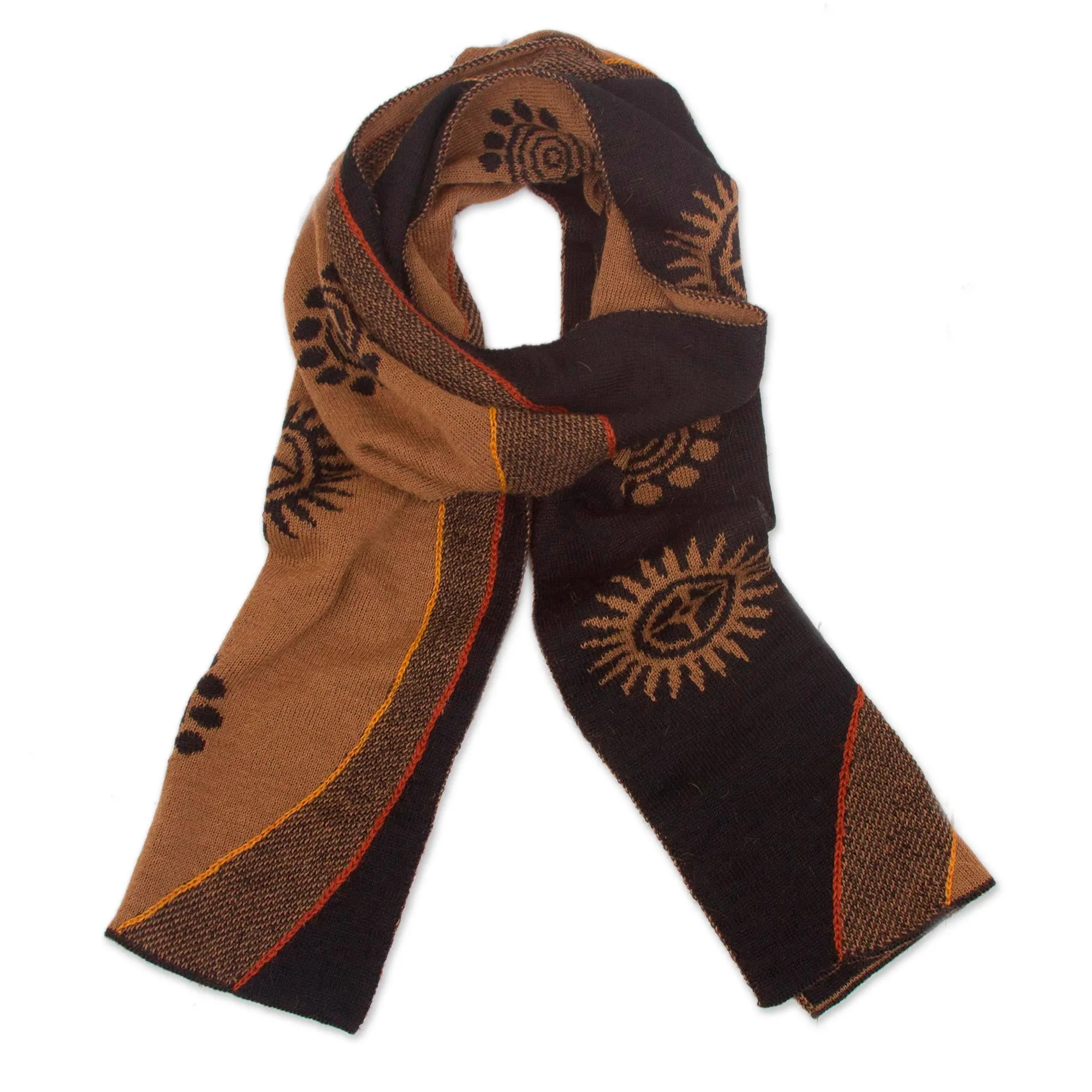 Reversible Sepia and Black Sun Motif Alpaca Blend Scarf - Sepia and Black Cosmovision | NOVICA