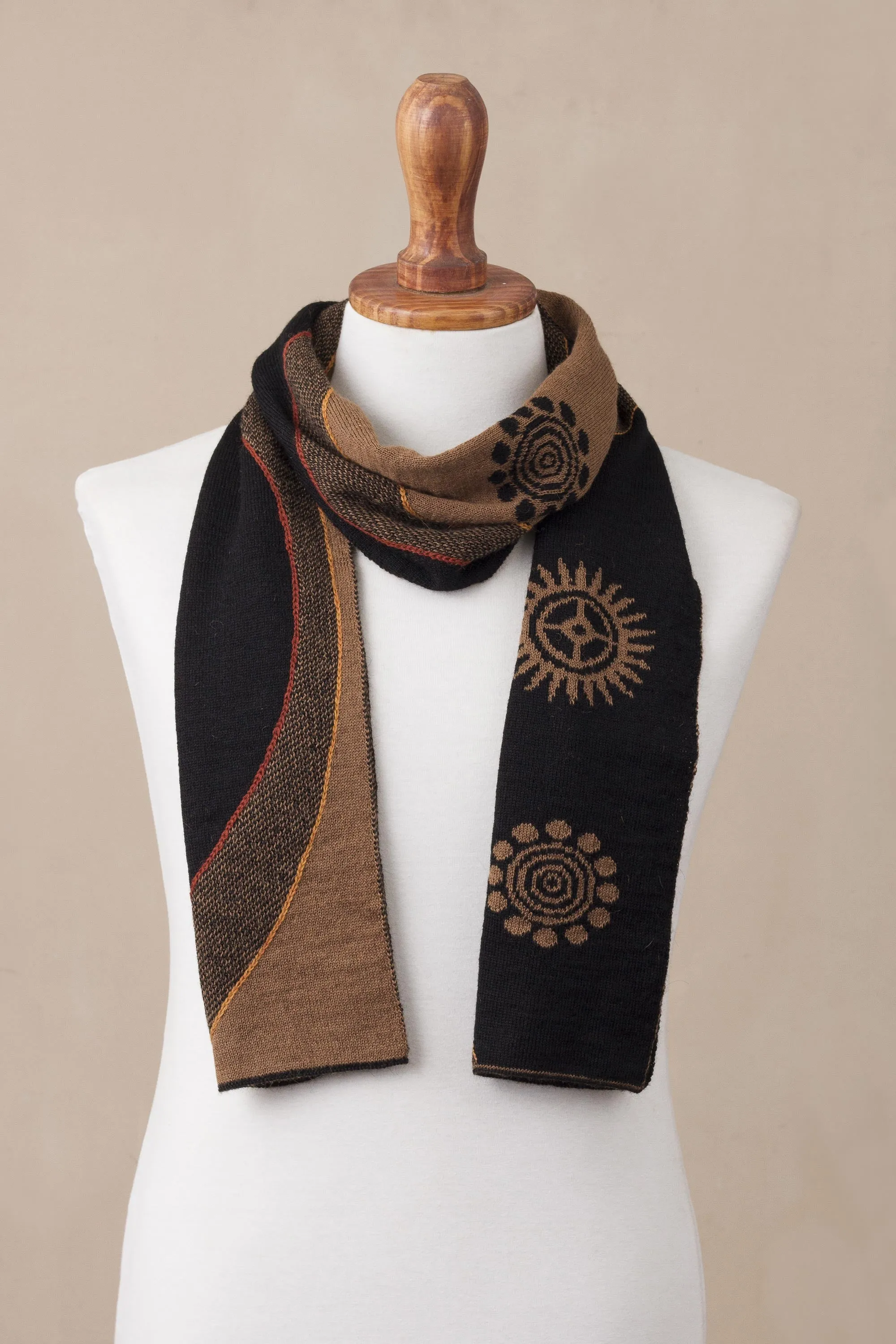 Reversible Sepia and Black Sun Motif Alpaca Blend Scarf - Sepia and Black Cosmovision | NOVICA