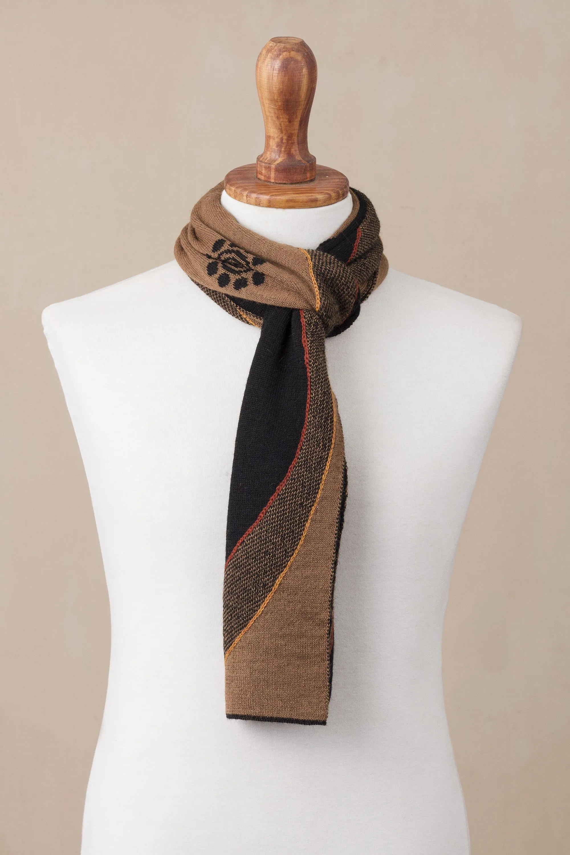 Reversible Sepia and Black Sun Motif Alpaca Blend Scarf - Sepia and Black Cosmovision | NOVICA