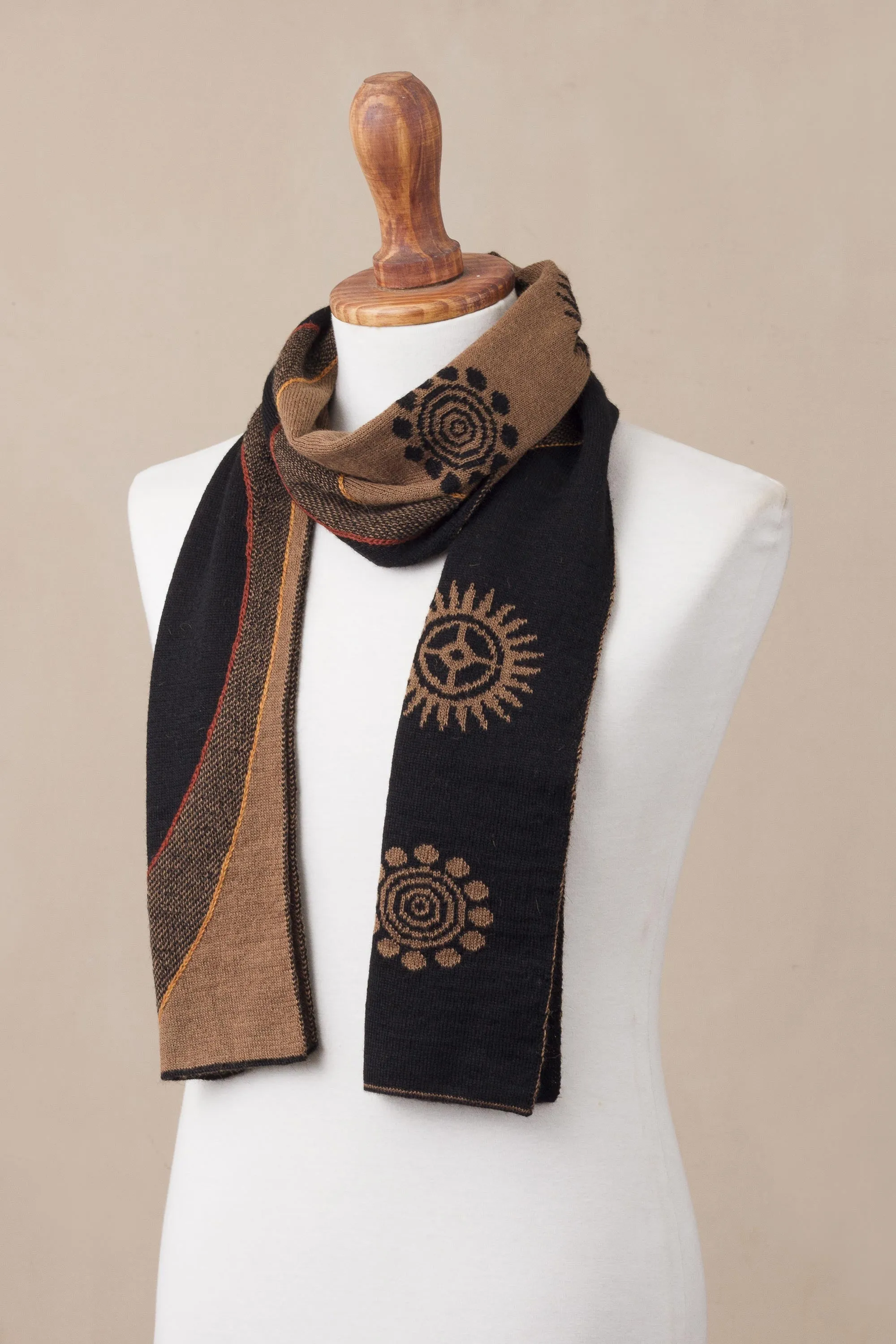 Reversible Sepia and Black Sun Motif Alpaca Blend Scarf - Sepia and Black Cosmovision | NOVICA