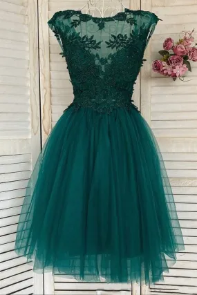 Round Neck Beaded Green Lace Short Prom Homecoming Dress, Short Green Lace Formal Graduation Evening Dress A1590