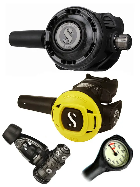 Scubapro Regulator Set: MK19 Evo Black Tech (DIN or Yoke) / G260 Carbon / Octopus & Free Termo Gauge