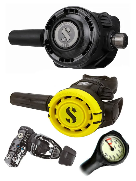 Scubapro Regulator Set: MK25 Evo Black Tech (DIN or Yoke) / G260 Carbon / Octopus & Free Termo Gauge