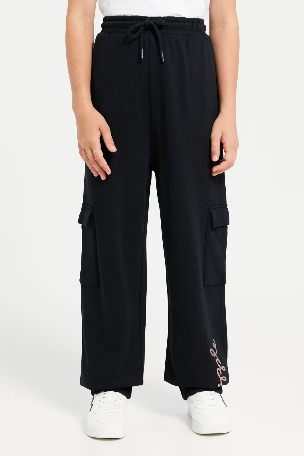 Senior Girls Black Cargo Pocket Track Pants