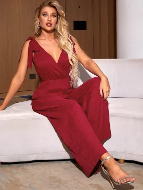 Sexy Plain Knot Sleeveless Deep V Neck High Waist Long Women Jumpsuit