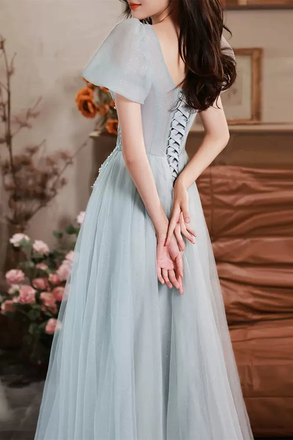 Short Sleeves Beaded Blue Long Prom Dress, Princess Blue Formal Graduation Evening Dress A1830