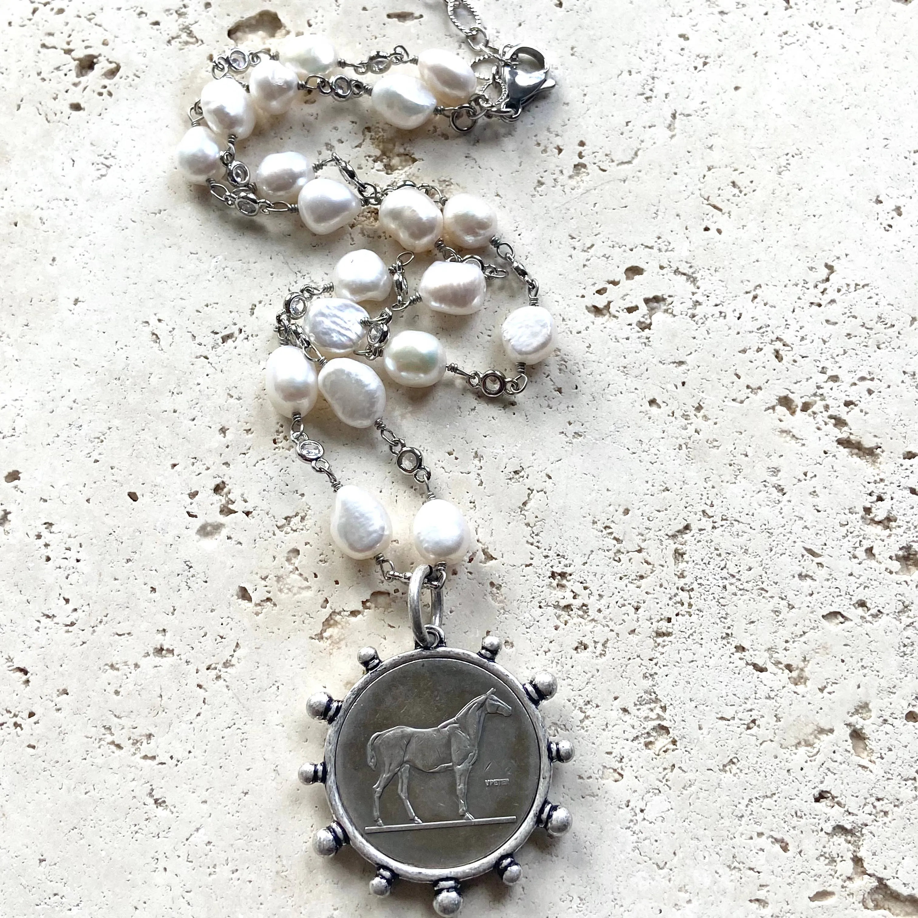 Silver Pearl Horse Necklace