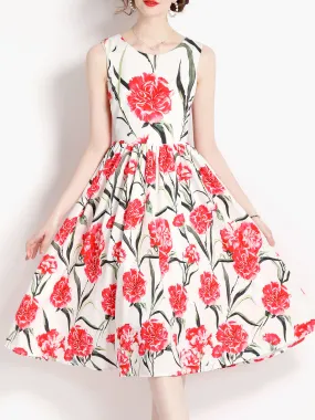 Sleeveless Crewneck Vintage Hepburn Style Floral Printed High Waist Party Dress